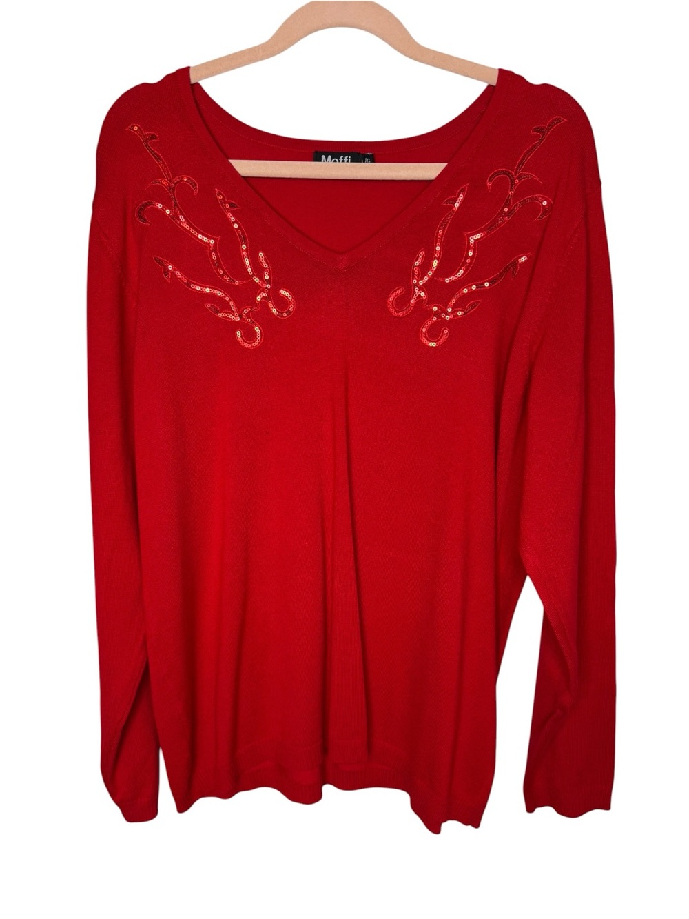 Moffi Red V-Neck Sweater Embroidered Sequin Long Sleeve Size L